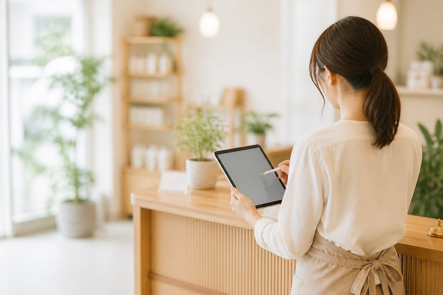 店舗でタブレットを操作するスタッフとFUSE FrontのAIコンシェルジュ利用イメージ